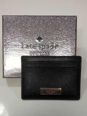 kate spade Black Saffiano Leather Card Case with Metal Logo Plaque